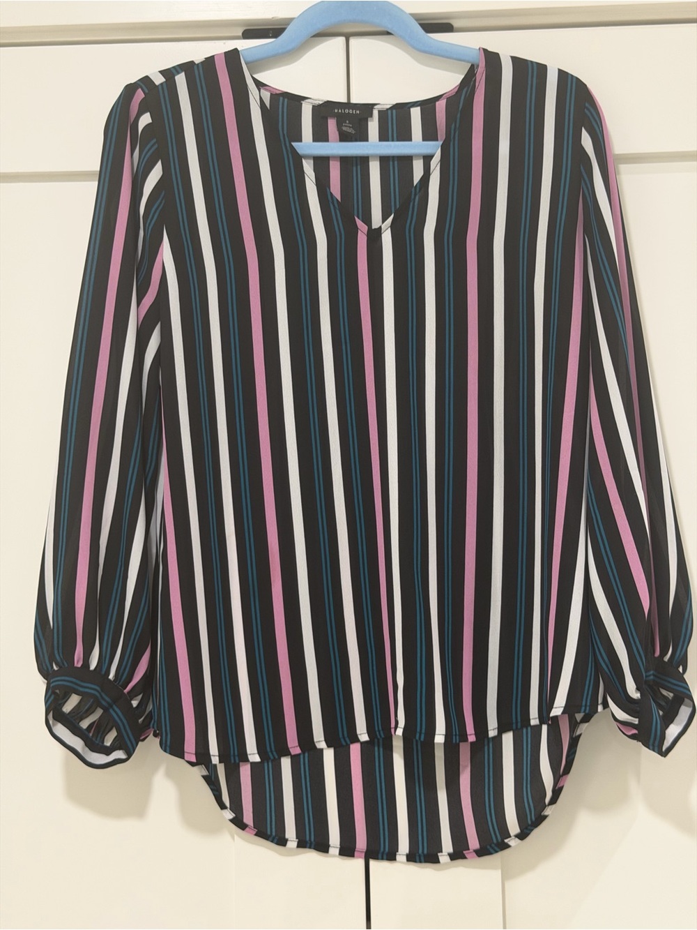 Halogen Petite Small Striped V-Neck Long Sleeve Blouse Black Pink Teal
